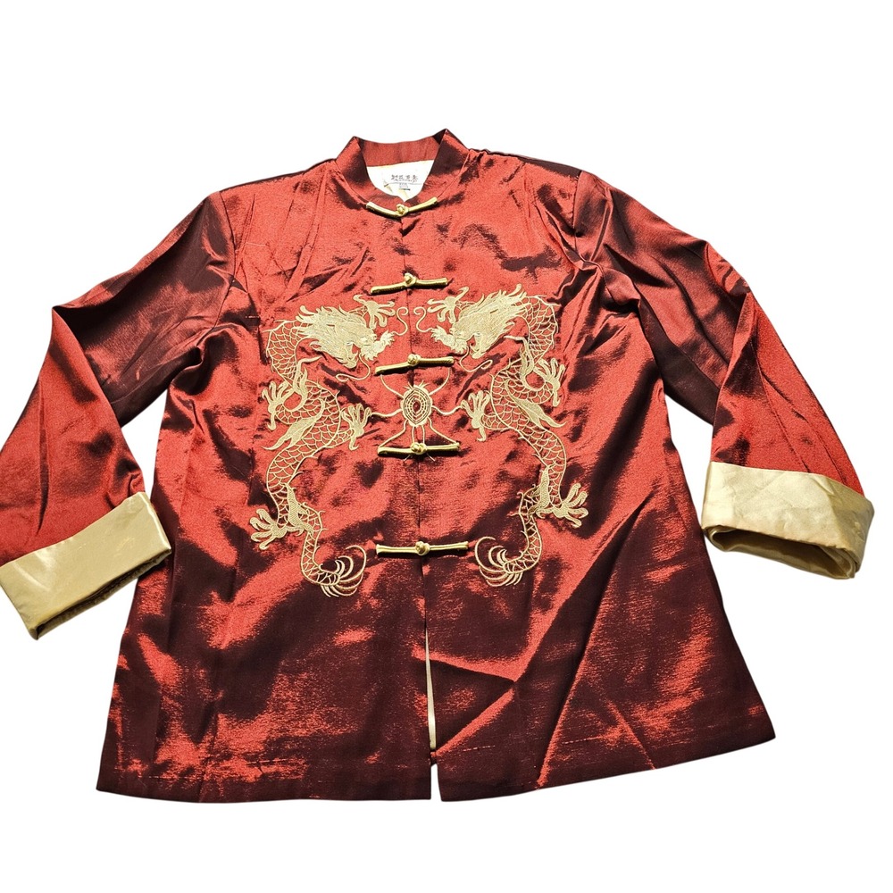 Huabaiyi Dragon Embroidered Tang Suit Jacket Mens XXXL Red Gold Frog Button Top